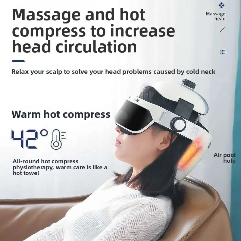 White integrated head and eye massager helmet with 42C hot compress for scalp relaxation and circulation.