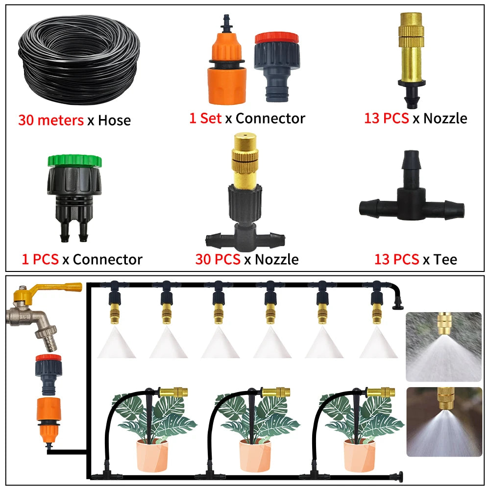 Misting cooling irrigation hose kit with coiled black hose, brass nozzles, and connector