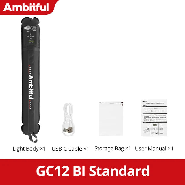 GC12 BI Standard LED light stick set including a black portable light wand, USB-C cable, storage bag, and user manual.