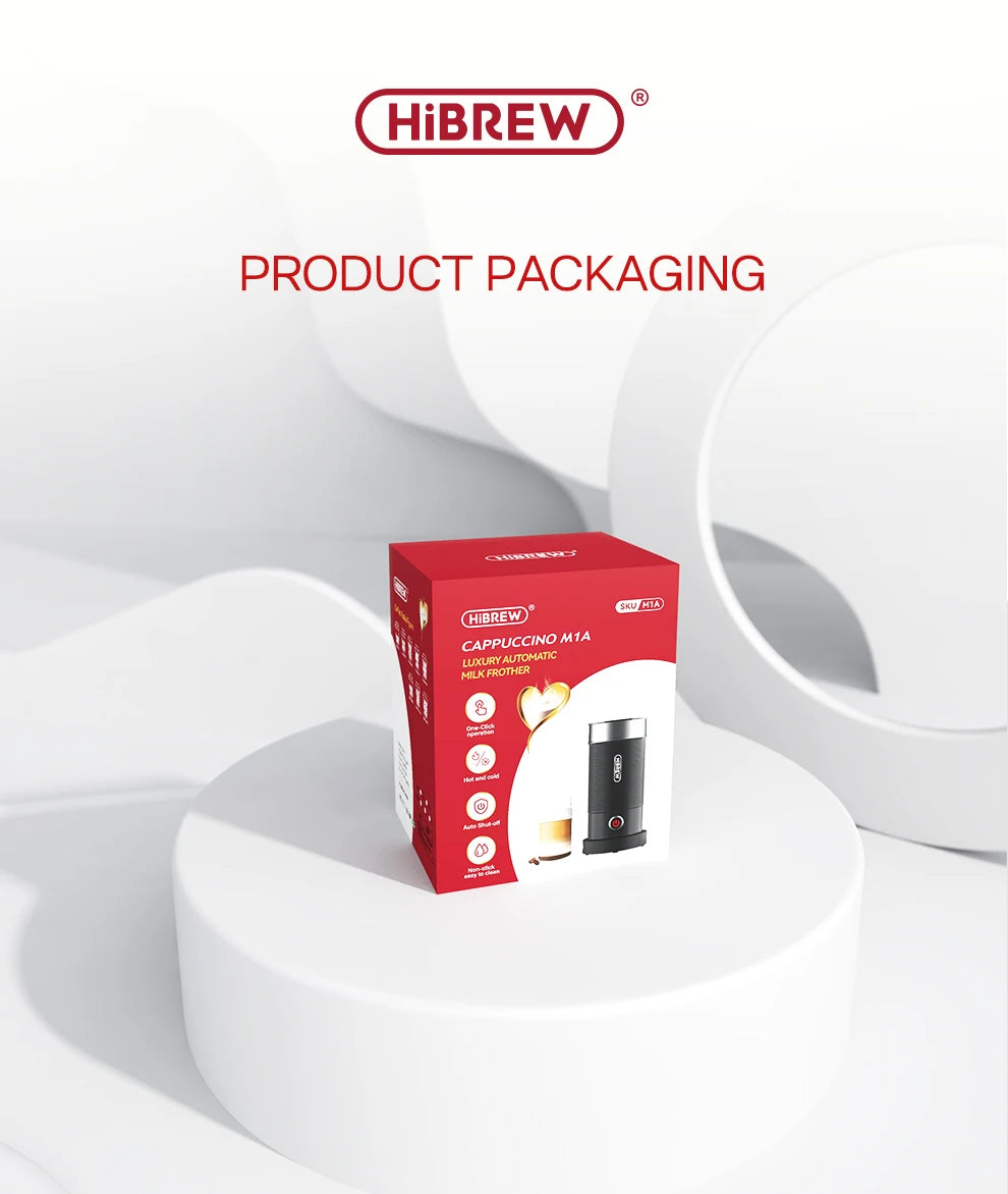 HiBREW M1A Cappuccino automatic milk frother product packaging box featuring black electric frother design.