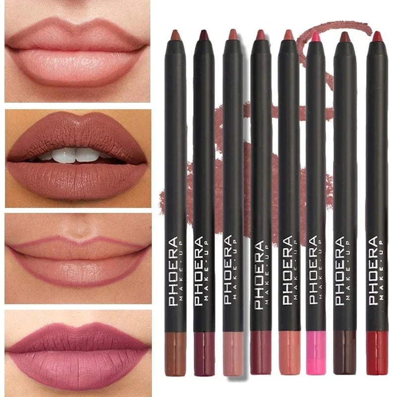 Set of 8 waterproof matte lip liner pencils in nude and brown shades for long-lasting, non-stick lip makeup.