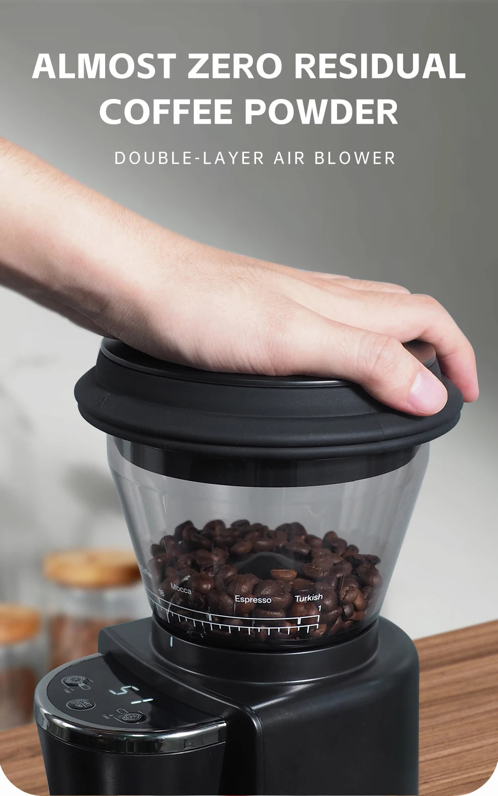 Black electric coffee grinder with clear hopper, air blower lid, and digital display for precise grinding settings.