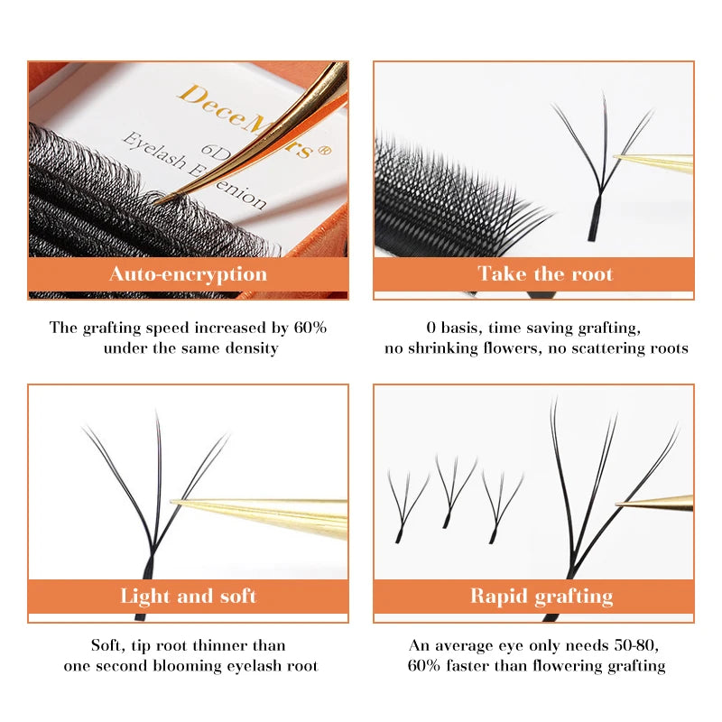DeceMars 6D-W shaped black eyelash extension clusters, showing tweezers picking up soft, lightweight fan lashes.