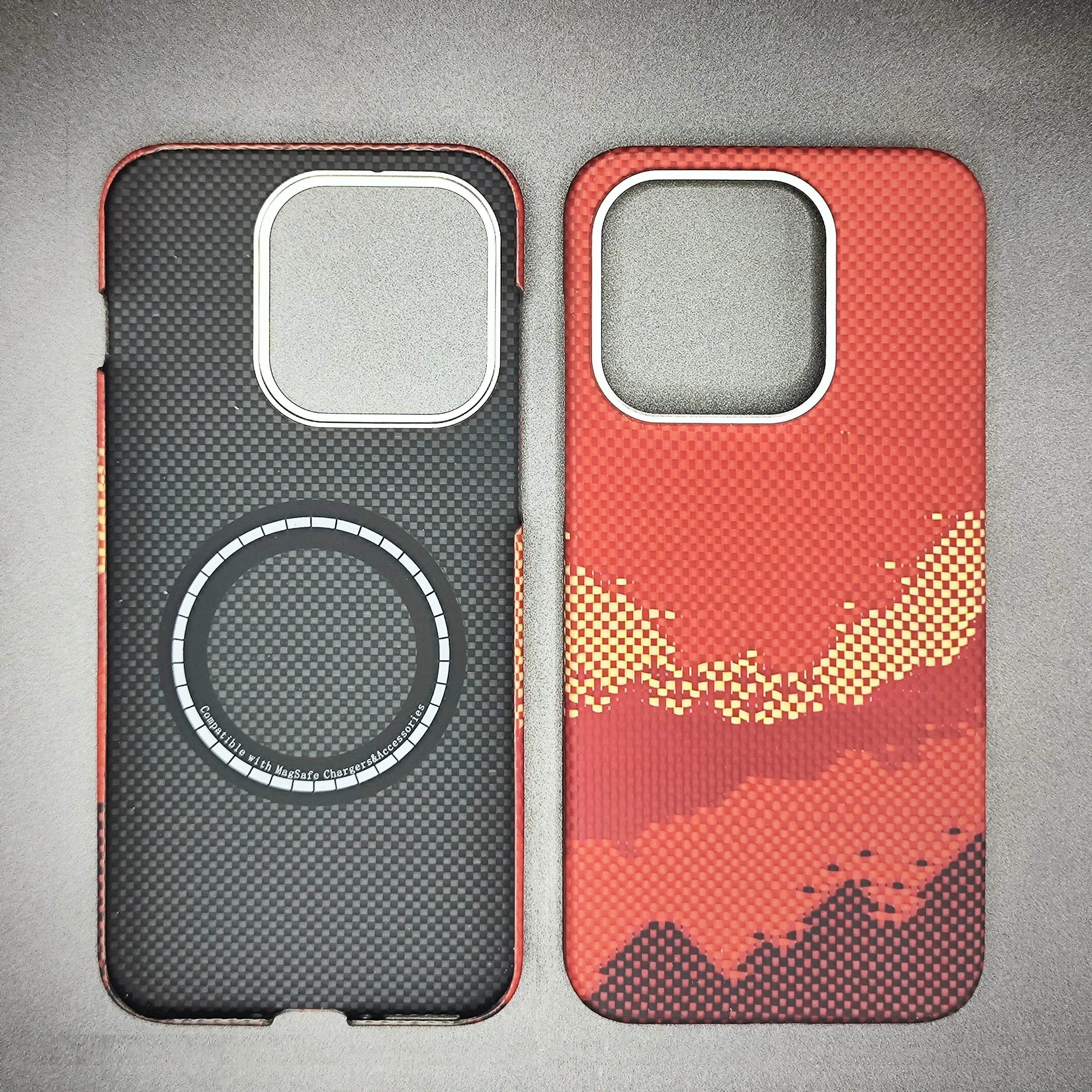 Two slim carbon fiber phone cases: one black with a magnetic ring, the other with a red and orange mountain pattern.