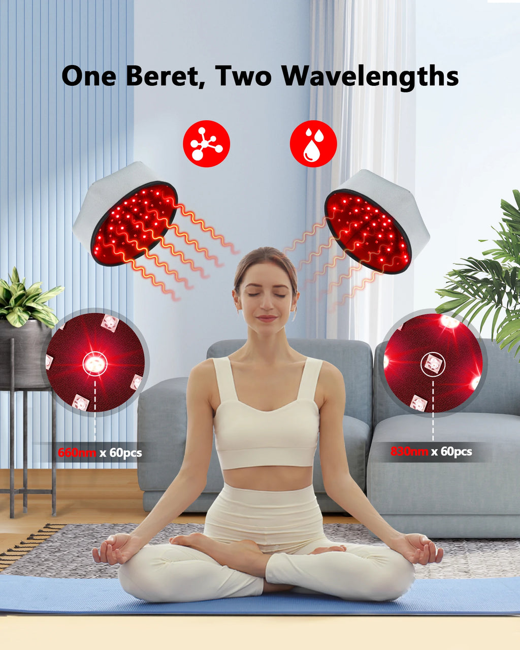 Wired LLLT hair growth cap with 660nm and 830nm red light therapy diodes for professional scalp treatment at home.