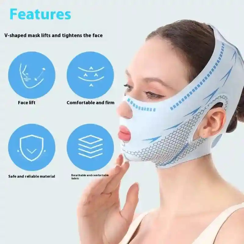 A woman wearing a pale blue V-line face slimming bandage with a textured, breathable chin strap and side openings.