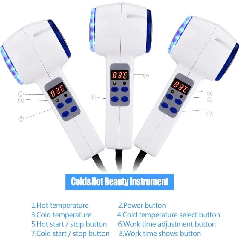 Three white handheld beauty hammers with blue light, digital displays, and control buttons for hot and cold therapy.