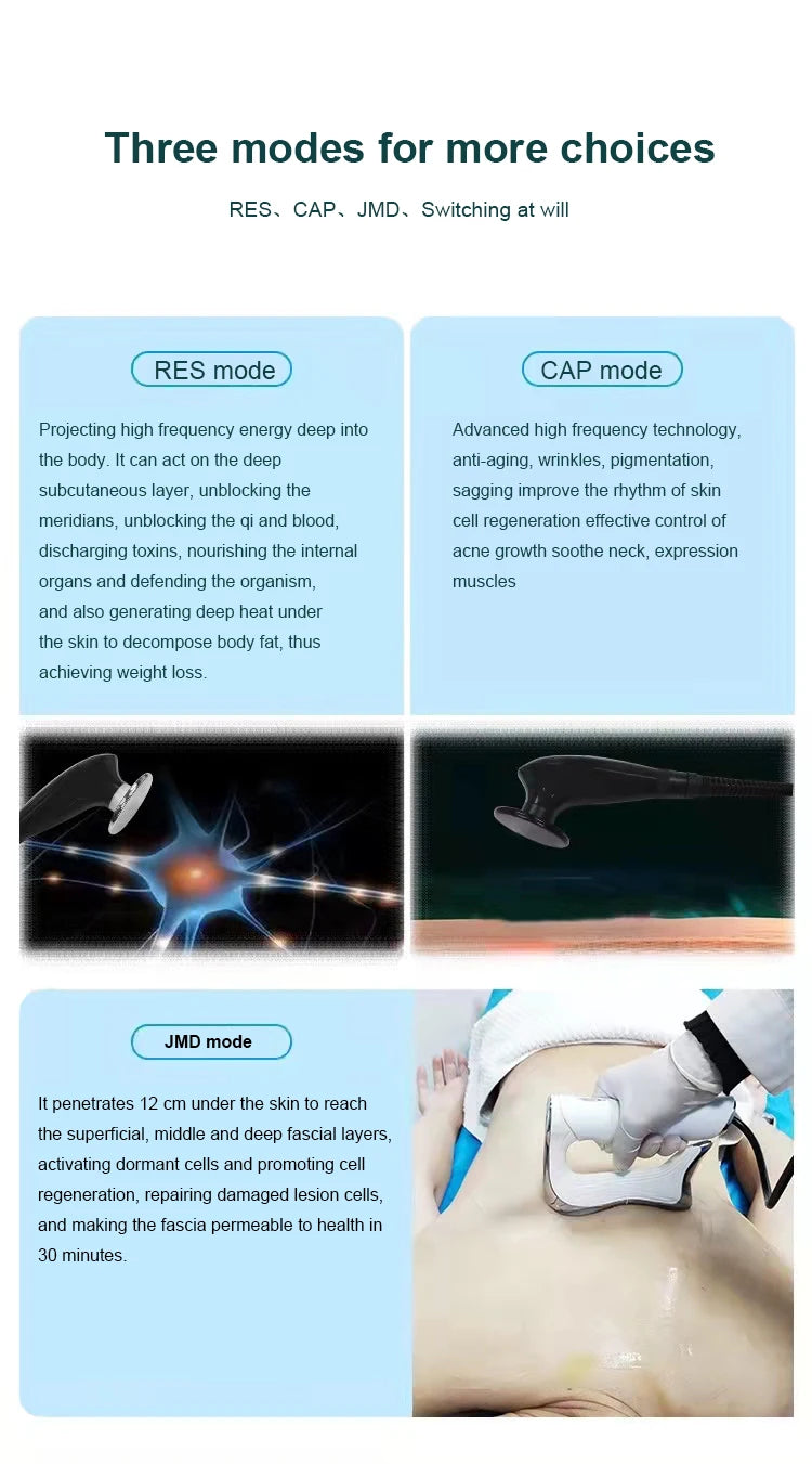 448KHz Tecar RF machine with RES, CAP, JMD modes showing probes and professional body slimming and skin treatment.