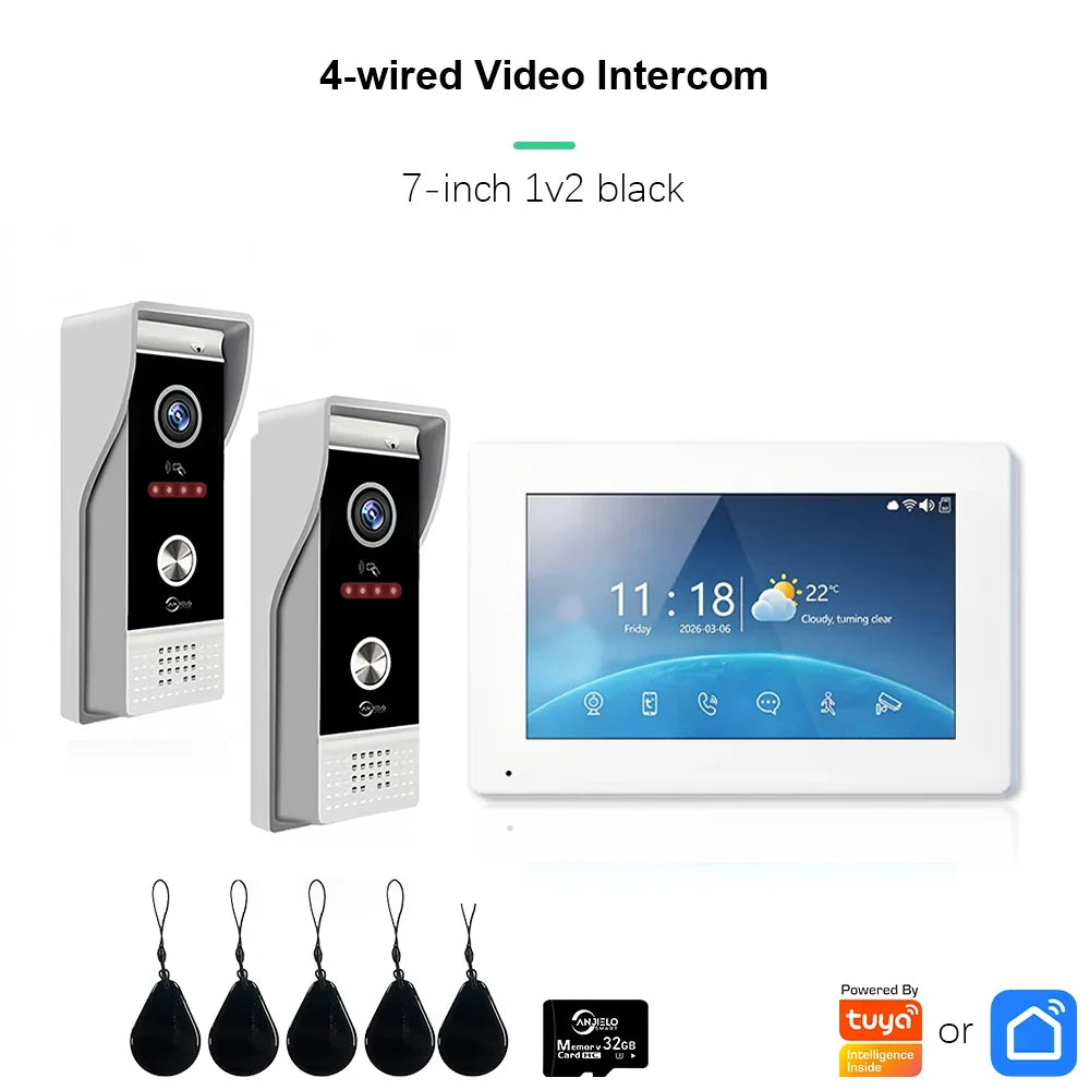 4-wired video intercom with 7-inch monitor, black display, two door stations