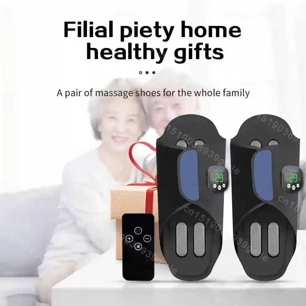 Black electric foot massage sandals with blue pads, metallic contact plates, digital displays, and a remote control.