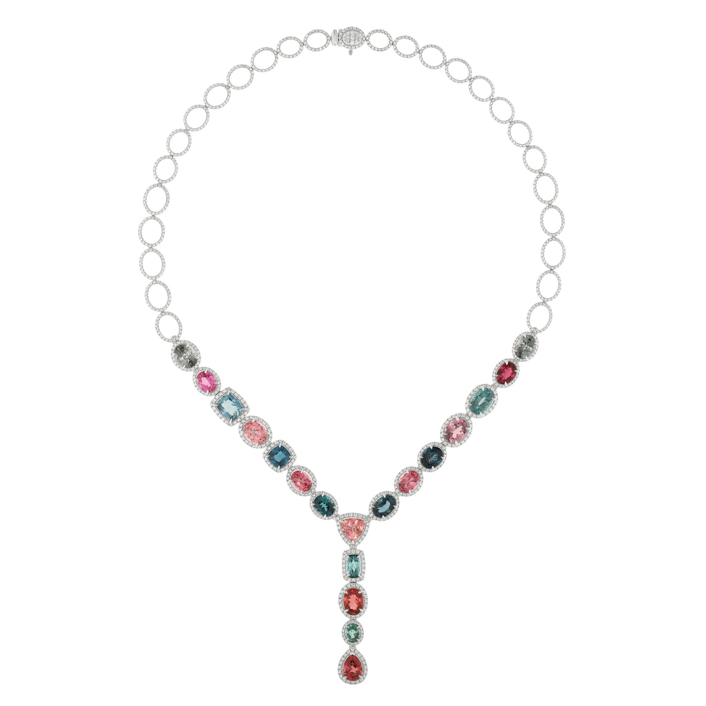 Luxury Women's 18K Solid Gold Pendant Necklace With Multicolor Gemstones Bezel Set Oval Link Chain Wedding Jewelry