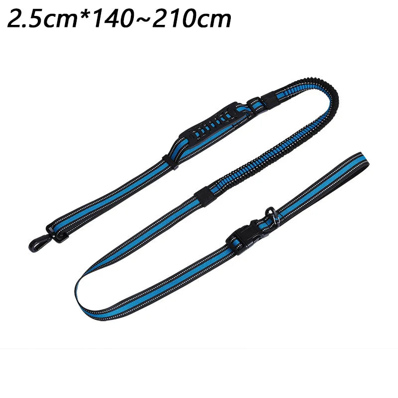 Tidesmit blue and black nylon bungee dog leash with dual handles, reflective stitching, and adjustable buckle hardware.