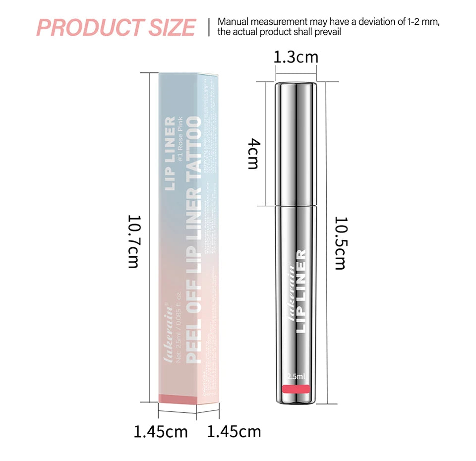 Waterproof matte peel-off lip liner tattoo in silver tube with rose pink packaging. Long-lasting lip makeup dimensions.