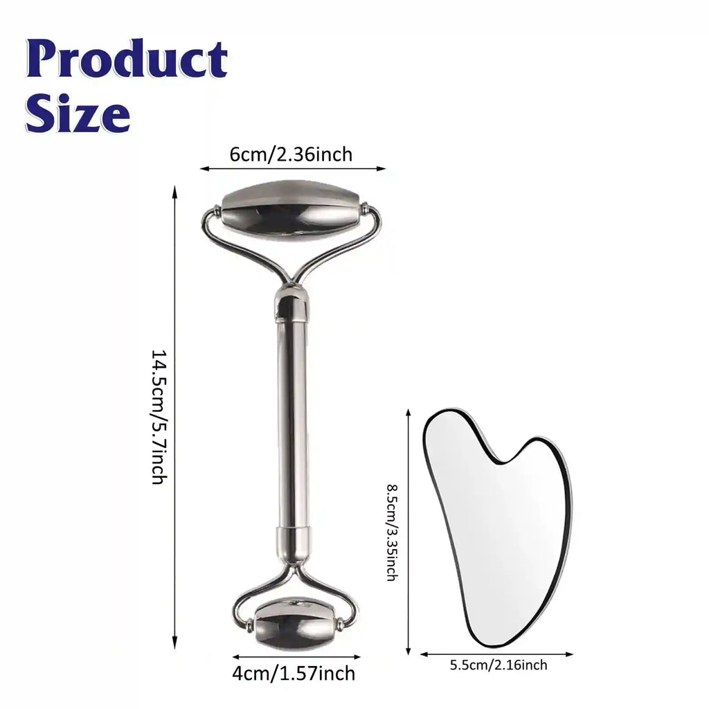 Stainless steel facial roller and heart-shaped gua sha tool with measurement labels showing dimensions in cm and inches.