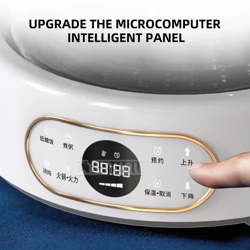 White multi-cooker control panel with LED display and touch buttons on front