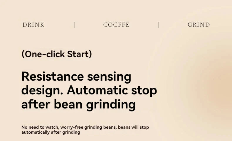 Automatic coffee bean grinder with one-click start and resistance-sensing auto-stop feature on cream background.