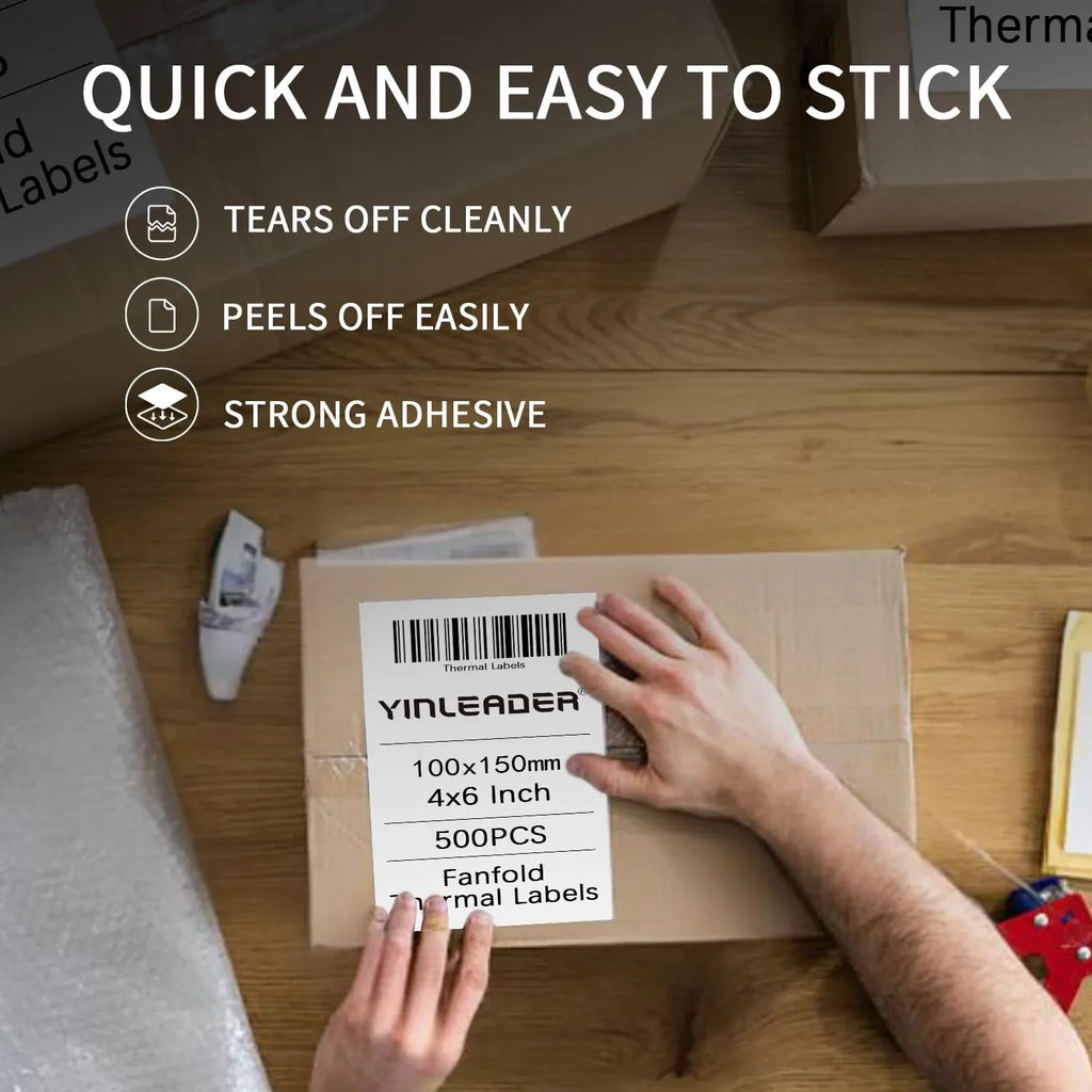 Person applying 4x6 thermal label to shipping box; strong adhesive and easy peel