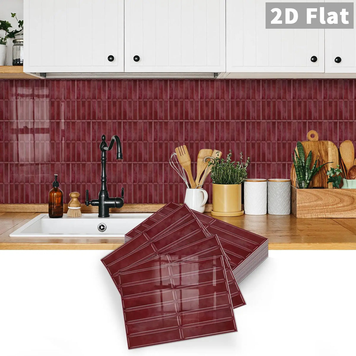 Self-adhesive peel-and-stick tile decals in deep red rectangular grid pattern