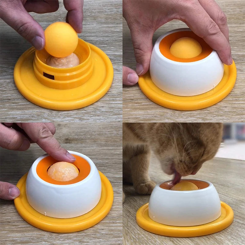 Yellow and white interactive dog and cat lick mat slow feeder for mental enrichment and dental health.