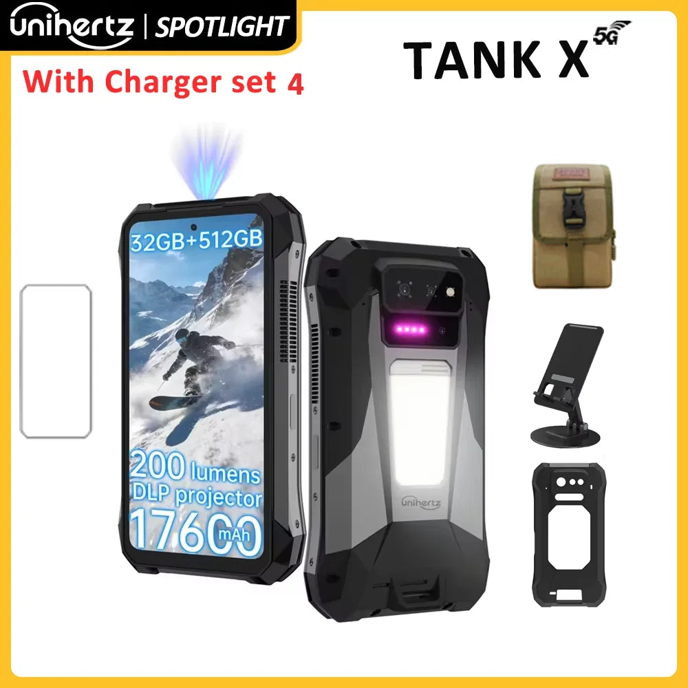 Unihertz TANK X 8849 5G Smartphone 32+512GB Built-in 1080P 220 lumen Projector 50MP+64MP Camara Android 15 17600mah Battery NFC
