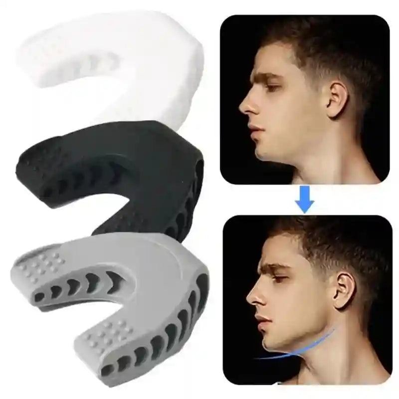 U-shaped silicone jawline exercisers in white, black, and gray, used for facial muscle training to define the jawline.