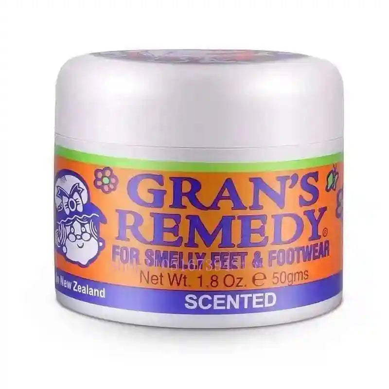 Gran's Remedy scented foot powder in a white 50g jar with orange and blue label for smelly feet and footwear.