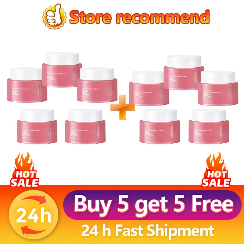 Ten pink round jars of PDRN capsule cream with white lids arranged in a 5+5 promotional display.