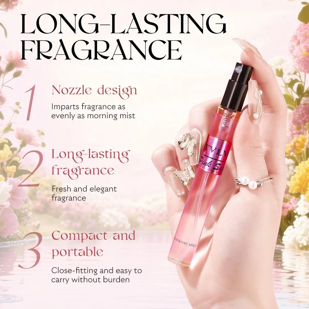 TVLV Pink Sea floral fruity vanilla perfume for women. Long-lasting, compact spray bottle. Elegant Valentine's gift.
