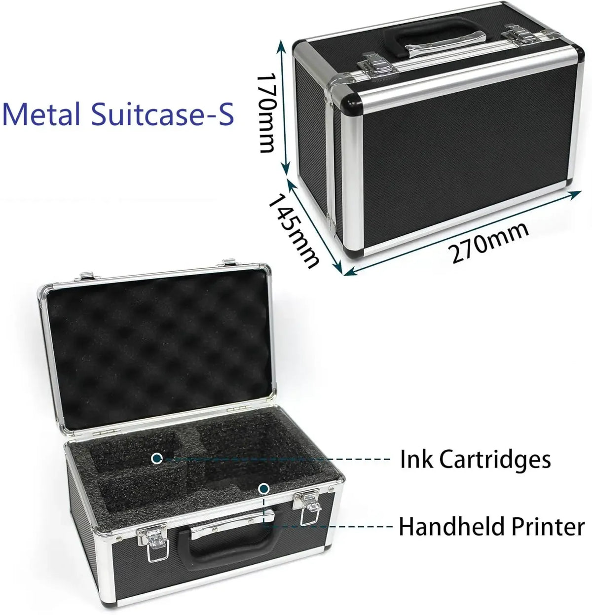 Black metal suitcase case with handheld inkjet printer and ink cartridges inside