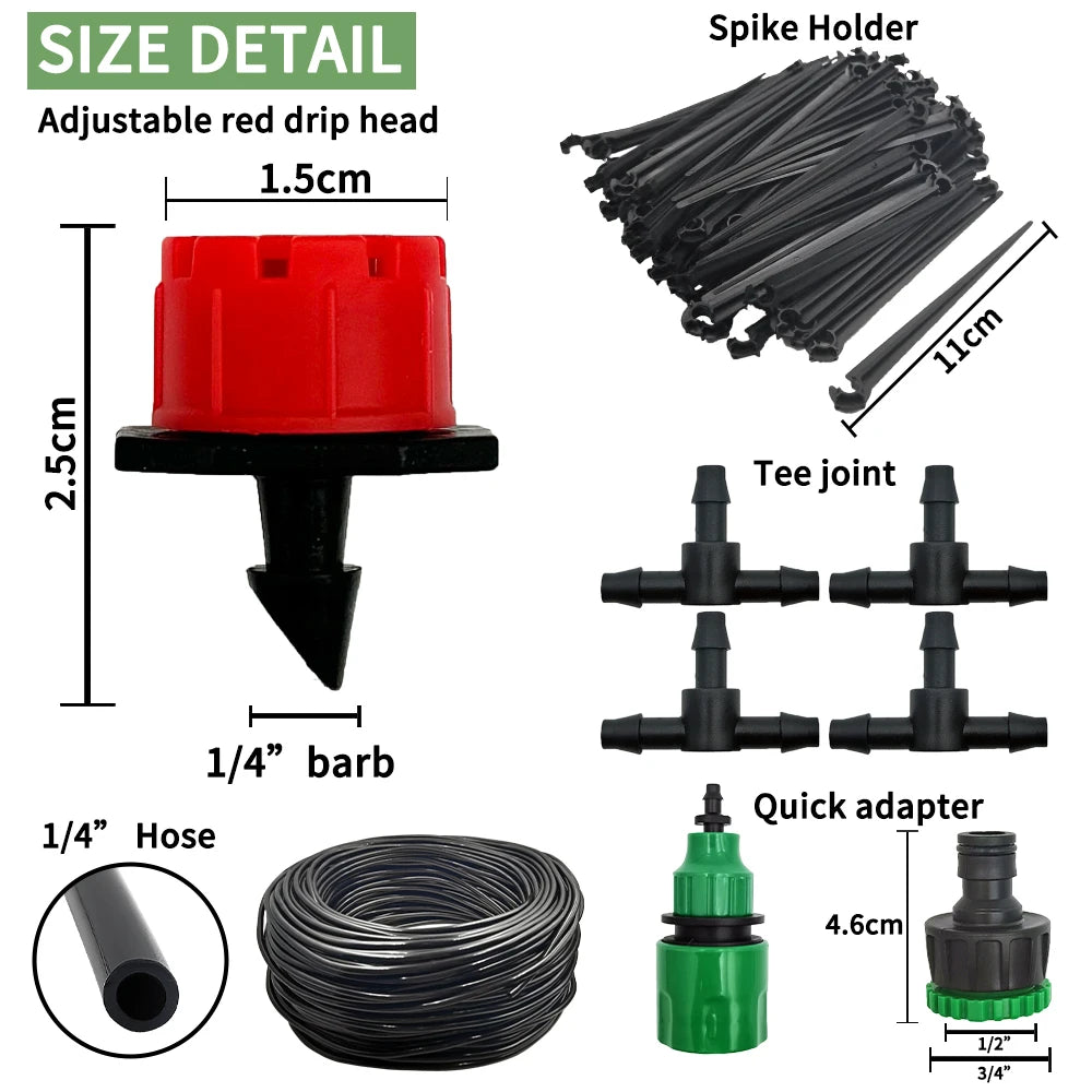 Drip head and connector size detail: red adjustable nozzle, spike holder, tee joints, quick adapter, hose.