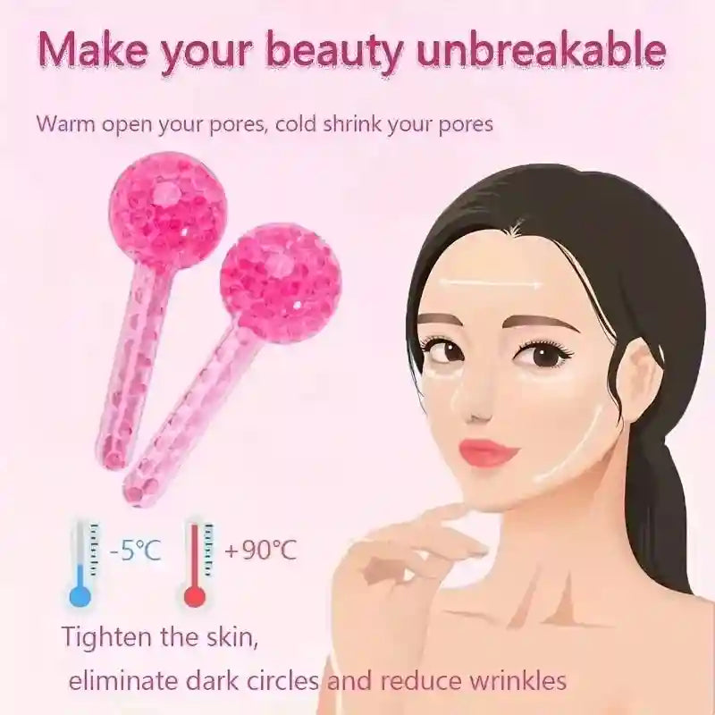 Two pink, glitter-filled cooling ice globes for facial massage next to an illustration of a woman using them.