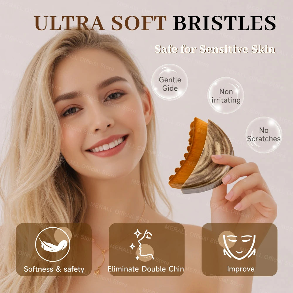 A woman holding a contoured facial brush with orange bristles and a brown wood-grain, wave-shaped handle.