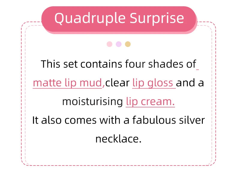 Tidesmit 4 color matte liquid lipstick set with clear gloss lip plumper balm and necklace gift texture close-up