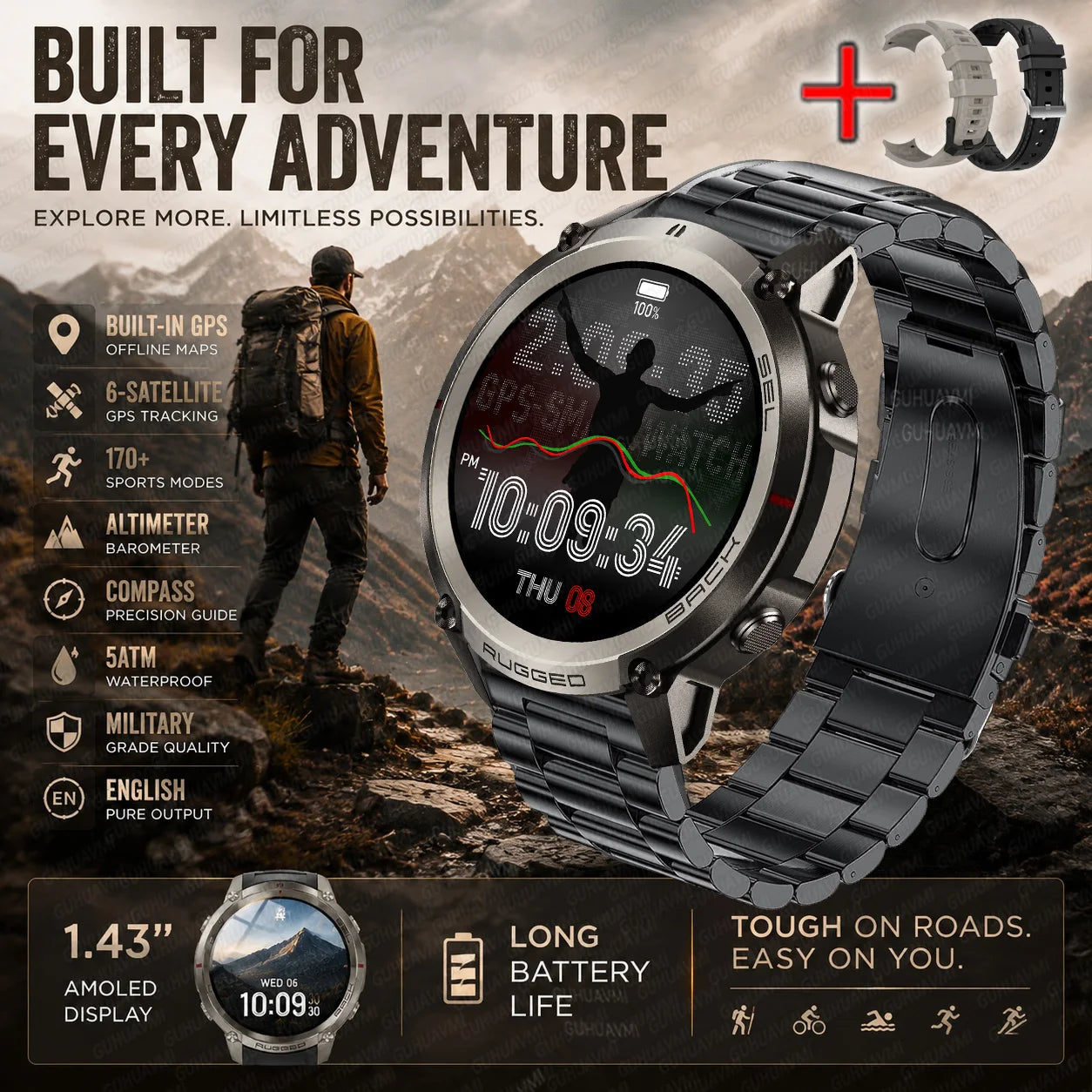 Rugged smart watch with dark display, map graphic, and black link metal strap