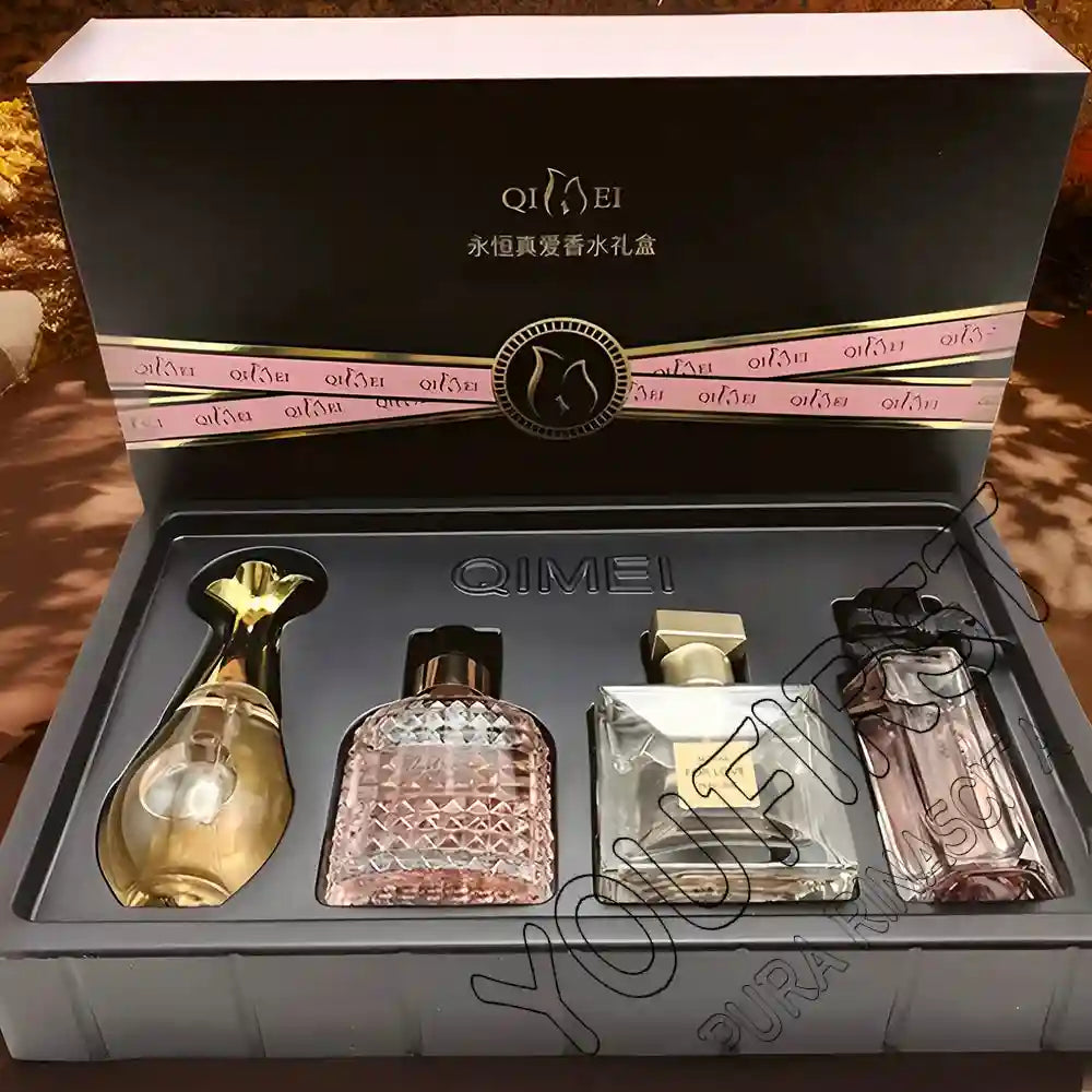 QIMEI 4-piece women's EDP perfume gift set with floral fruity scents in elegant luxury glass spray bottles.
