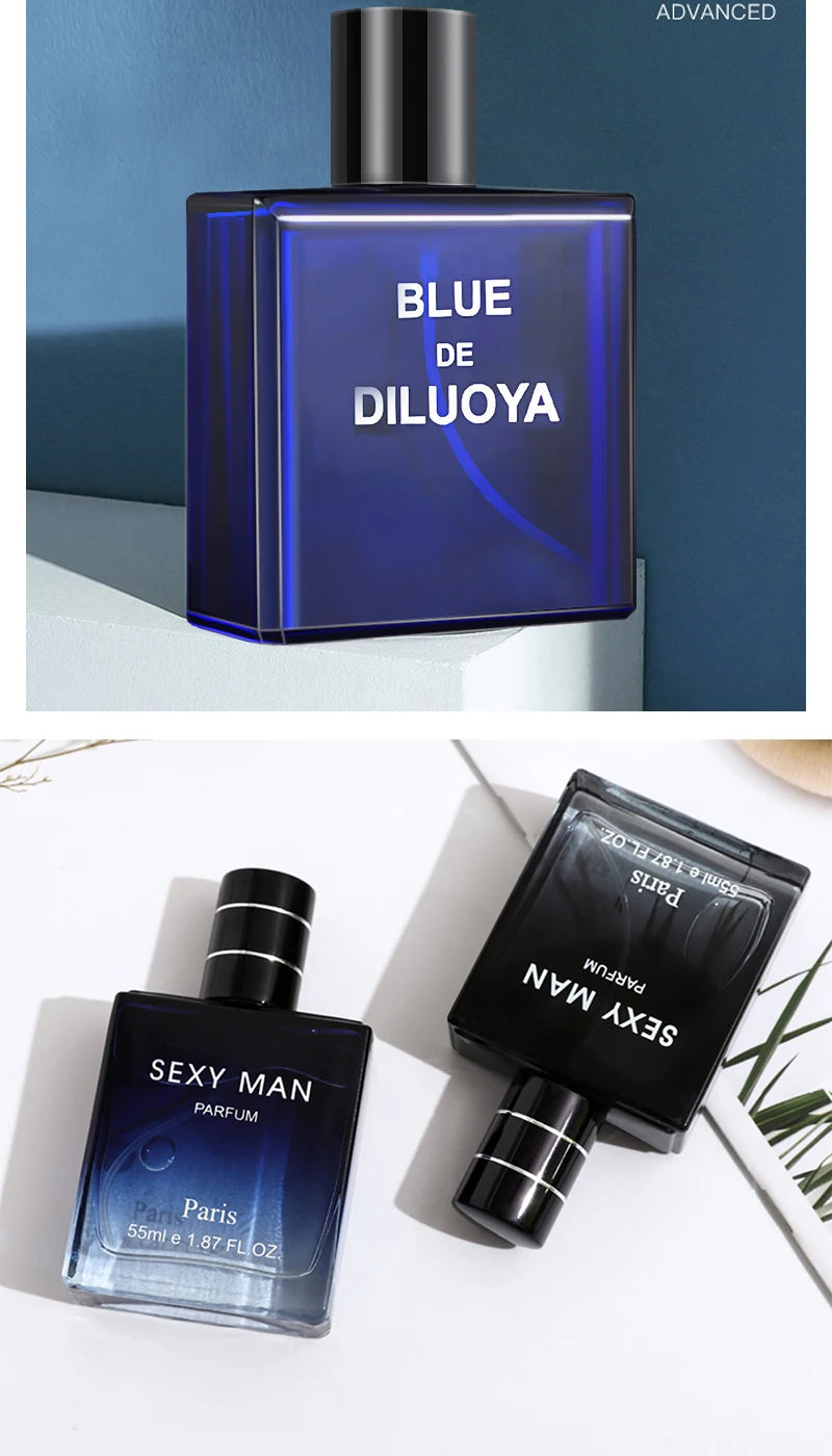 Blue Diluoya and Sexy Man 55ml long-lasting parfum for men in sleek rectangular blue glass bottles for daily use.