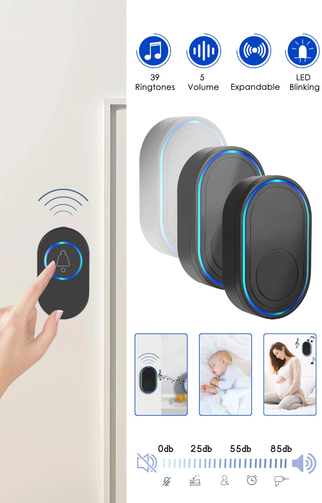 Wireless Doorbell 39 Music LED Flash Security Alarm Outdoor IP65 Waterproof Smart Home Intelligent Door Bell Chime Kit