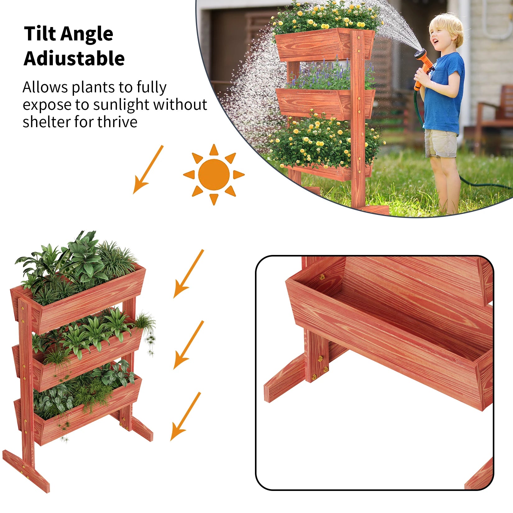 4-Tier Vertical Raised Planter Box Elevated Garden Bed Outdoor Wooden Herb Vegetable Ladder Troughs for Gardening