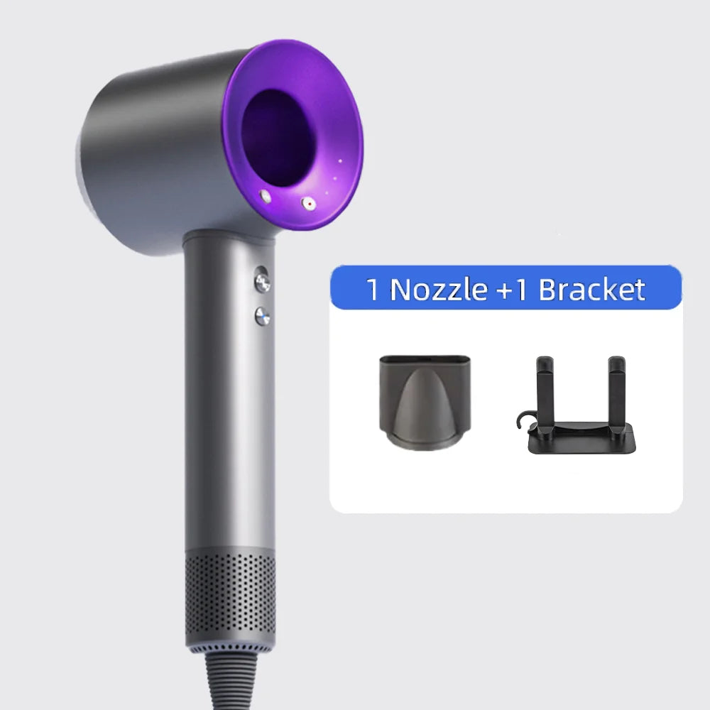 Professional high-speed bladeless hair dryer in gray and purple with concentrator nozzle and wall mount bracket.