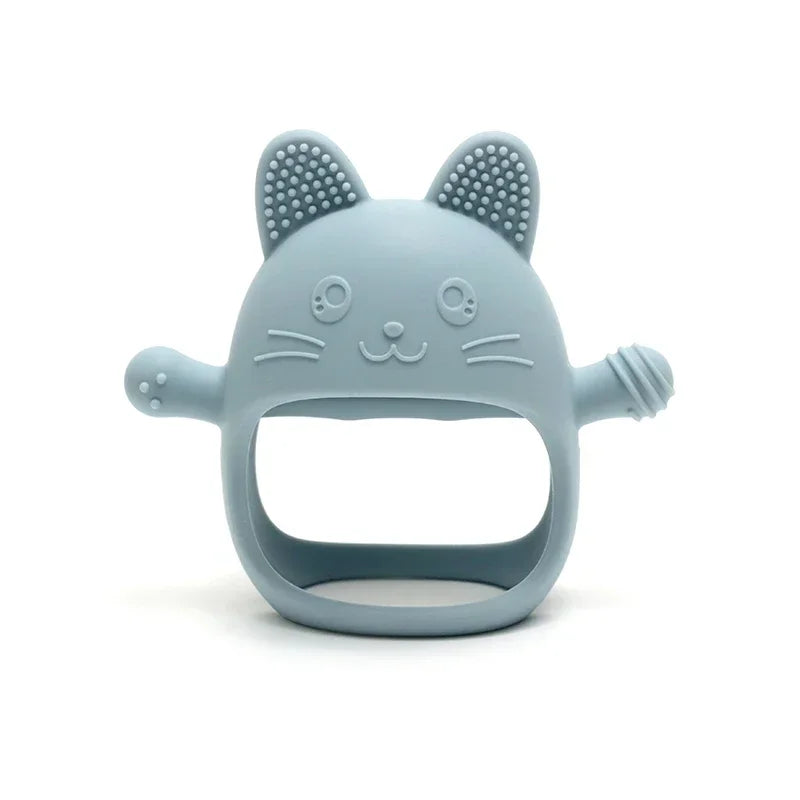 Blue cat silicone baby teething toy for soothing infant gums.