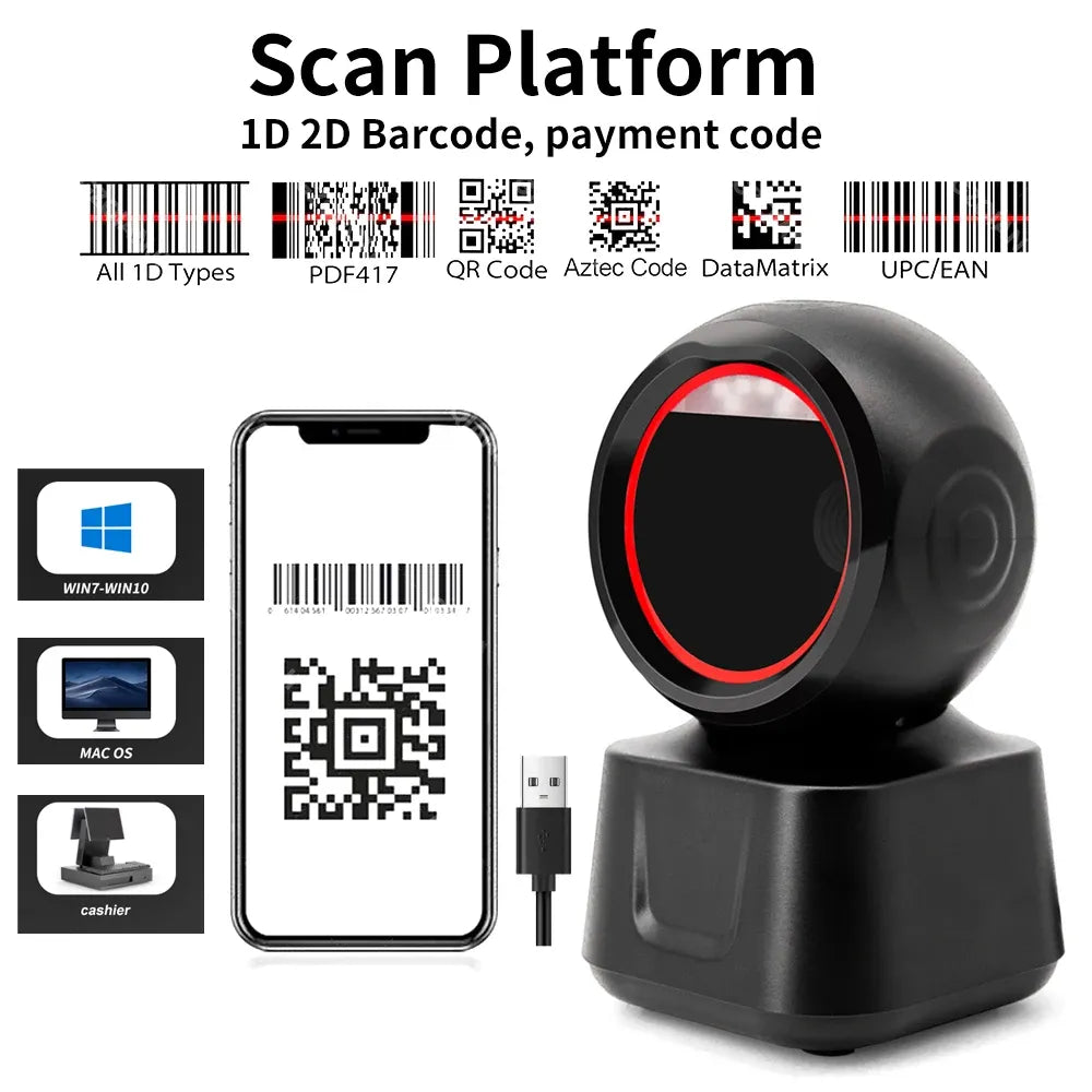Black scan platform barcode scanner stand with red circular scan window and cable port.