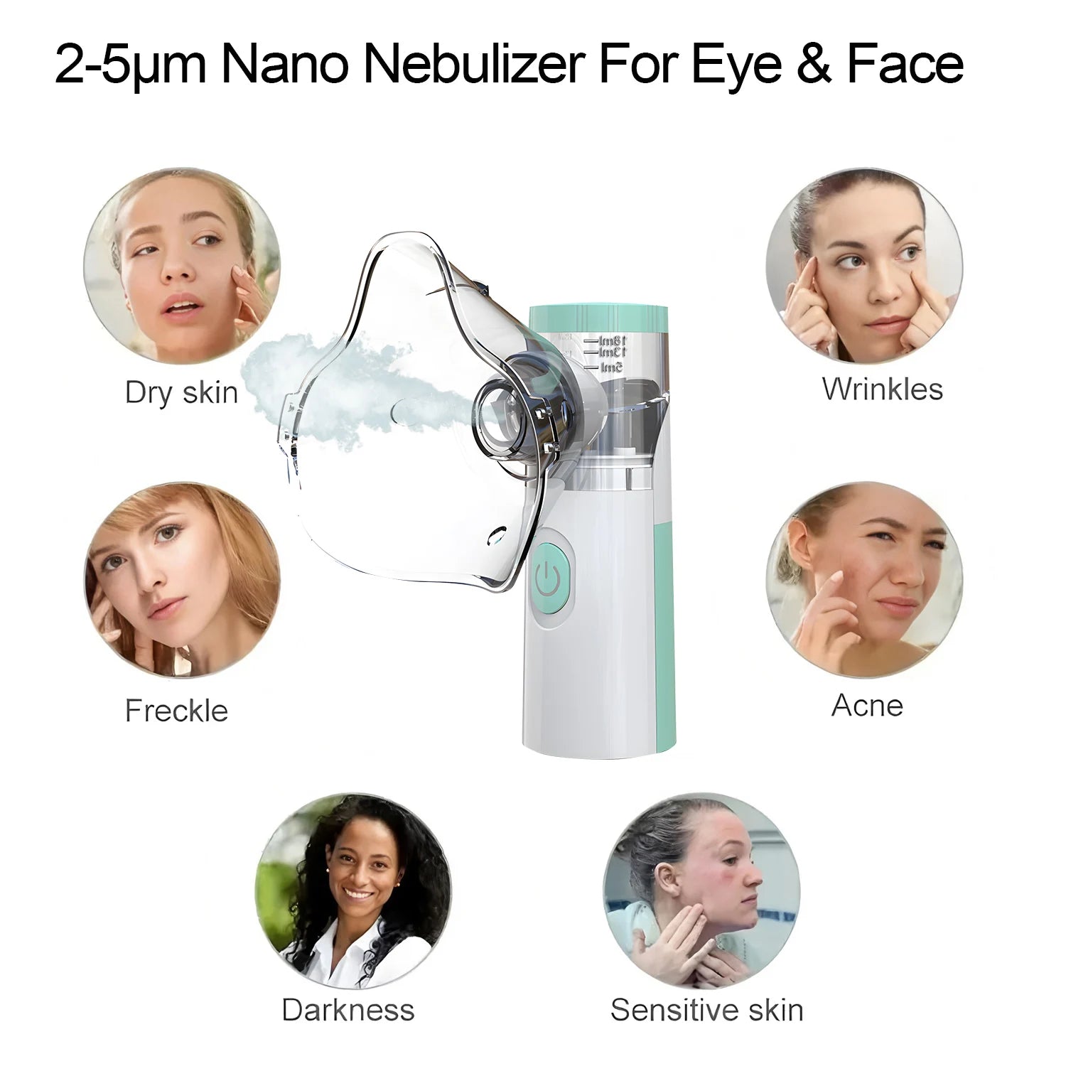 White and mint nano eye steamer and face mist sprayer with transparent mask for relieving dry eyes and skin fatigue.