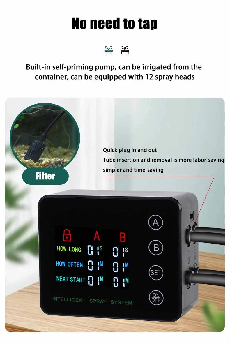 Black mist timer controller with side tubing connections and built-in screen panel