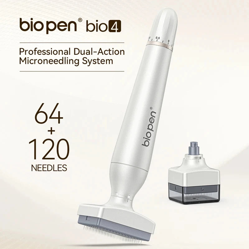 BioPen Bio4 dual-head adjustable microneedling pen for beard and hair growth with replaceable 64 and 120 needle tips.