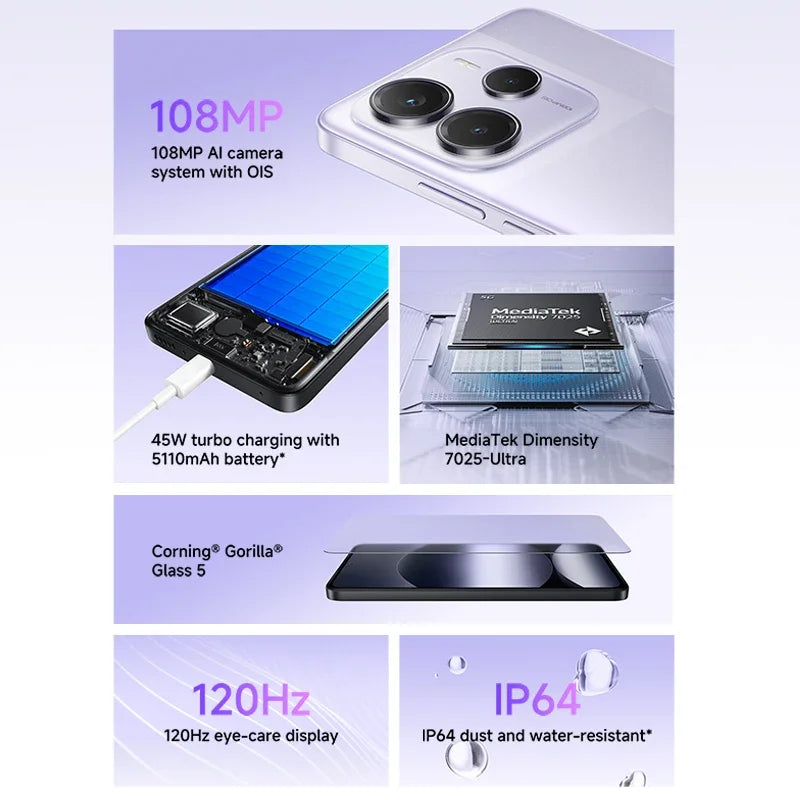 Global version Xiaomi Redmi Note 14 5G Smartphone Dimensity 7025-Ultra  108MP AI camera NFC 6.67" 120Hz AMOLED display IP54