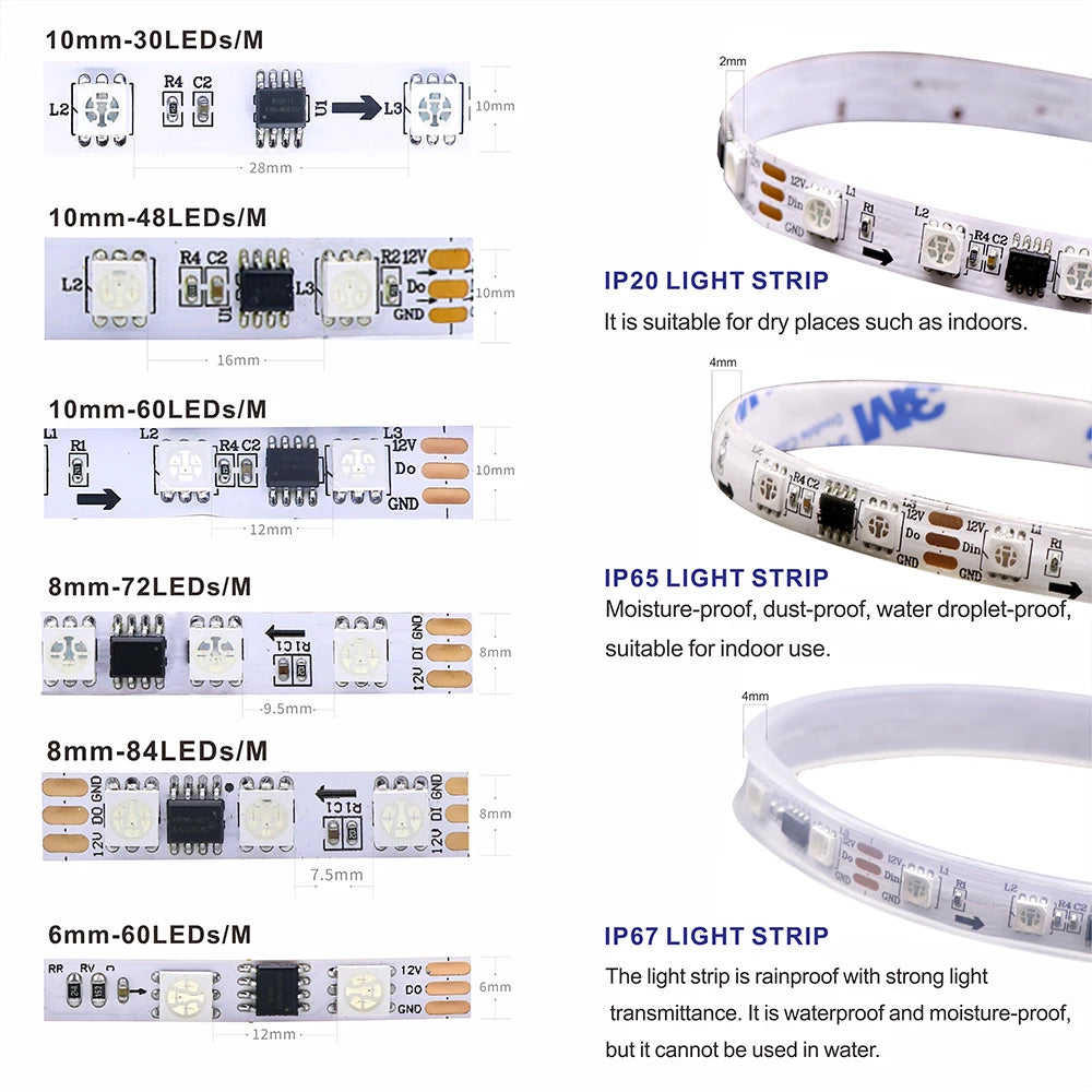 WS2811 WS2812 WS2813 WS2815 DC 5V 12V Color-Changing Addressable and Programmable LED Light Strips for Colorful Lighting