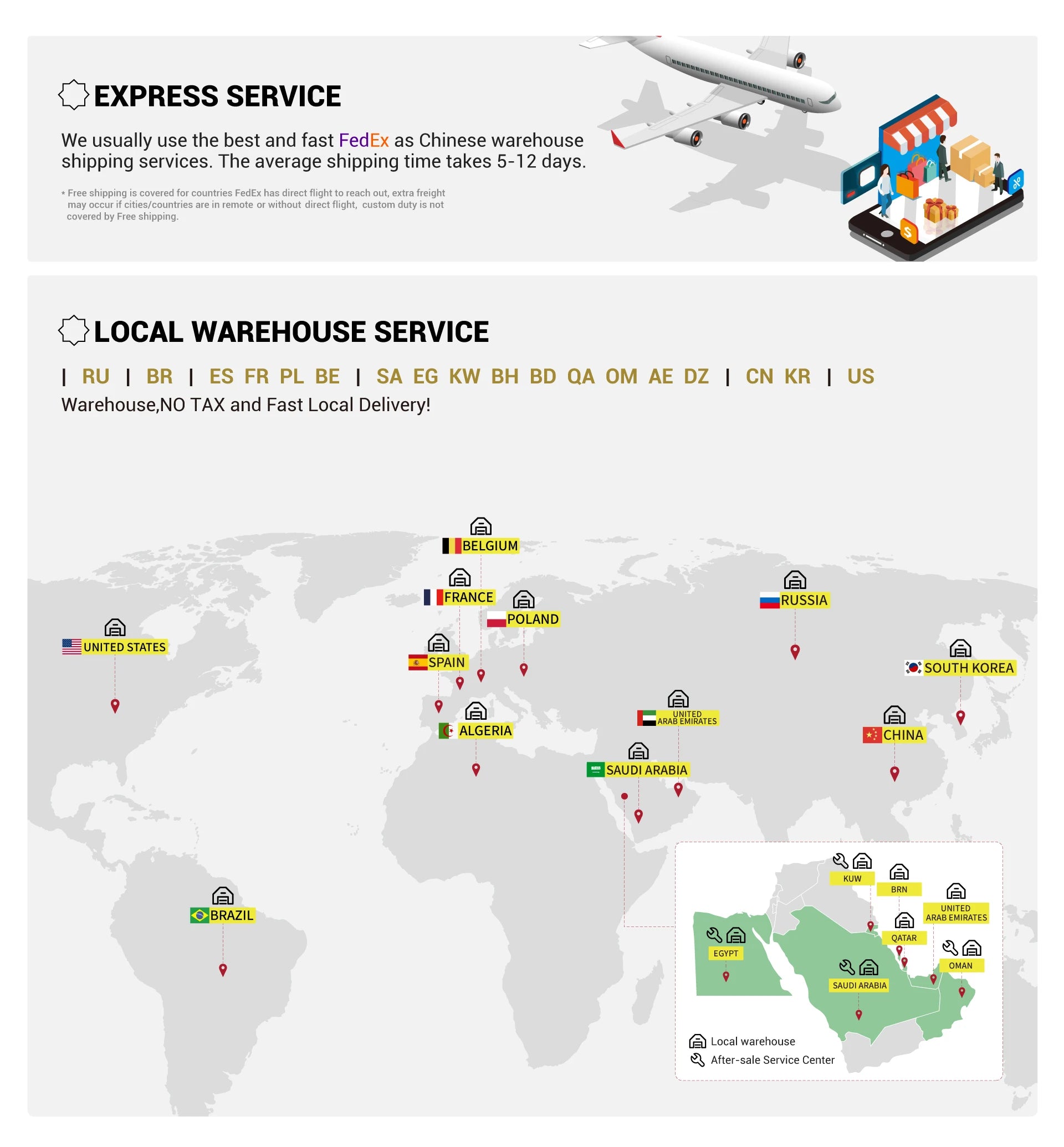 Global logistics map showing express FedEx shipping and local warehouse service locations for fast delivery.