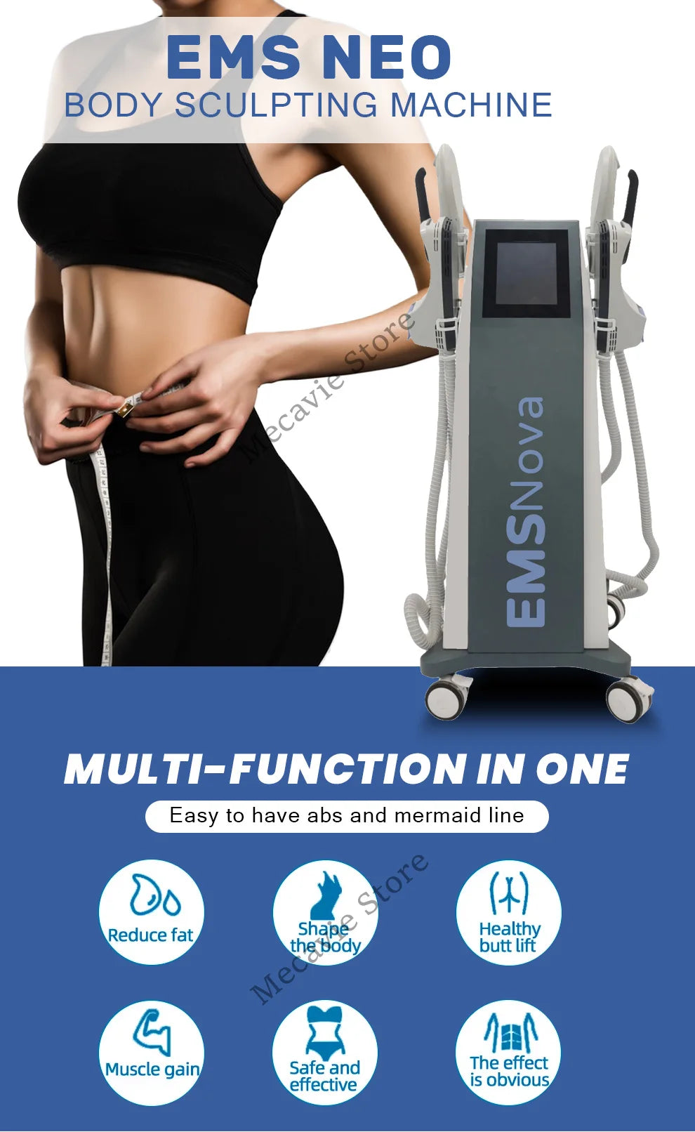 MECAVIE 4-handle EMS RF body sculpting machine for professional muscle stimulation and fat reduction.