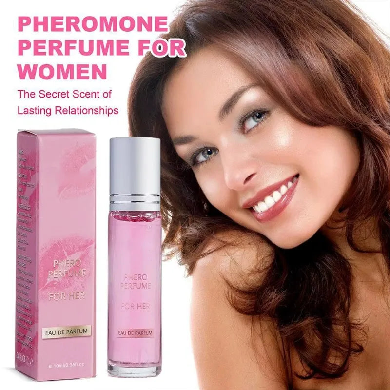 Flirting Pheromone Eau de Parfum for women: pink rollerball bottle and box, long-lasting romantic scent for her.
