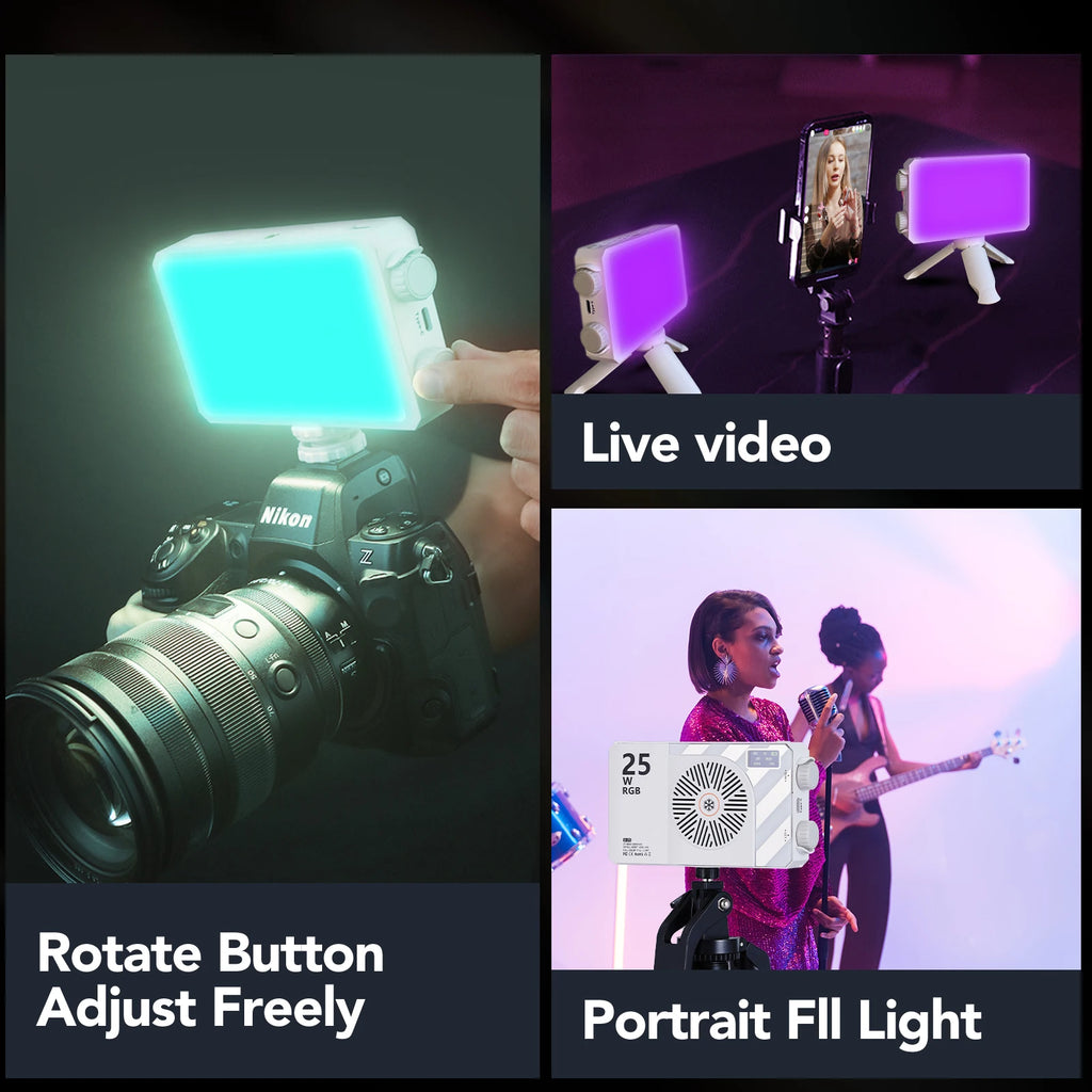 Portable rectangular RGB LED fill light with adjustment dials, used for photography, live streaming, and video lighting.